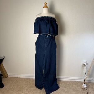 HeiHei Tube Top Denim Jumpsuit Sz M Festival Summer Polished Look Straight Leg